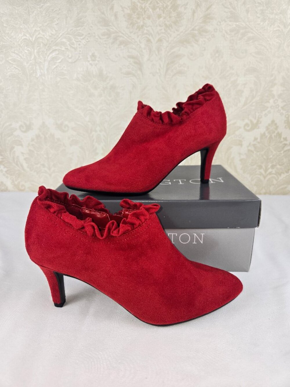 Covington Sz 6.5M "Flapper" Red Heeled Bootie Ruffle Detail Side Zip Almond Toe